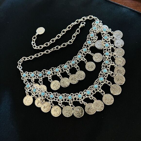 Lucky & Blessed Bohemian Floral Blue Silver Coin Layered Dangle Bib Necklace L&B - Picture 11 of 16
